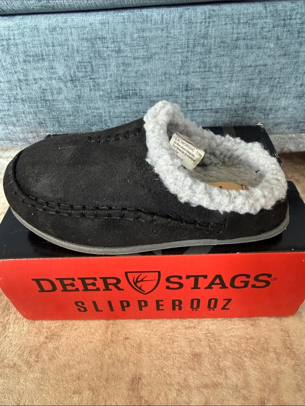 Deer Stags Kids Black Slip-On Slipper with Gray Plush Lining